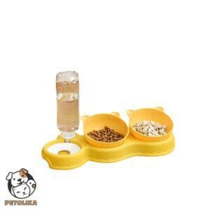 Dog and Cat Food Bowl with Double Bowls and Automatic Water Dispenser