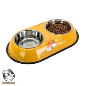 Stainless Steel Double Dog Bowl with Corgi Cartoon Design