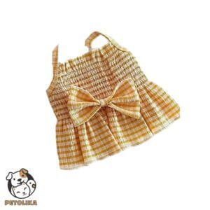 Dog Fancy Dress Yellow Plaid Bowtie Design