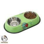 Stainless Steel Double Dog Bowl with Dinosaur Cartoon Design