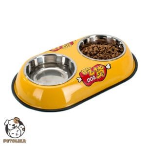 Stainless Steel Double Dog Bowl with Dog Bone Cartoon Design