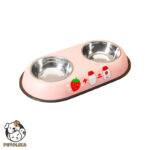 stainless steel double dog bowl with Strawberry cartoon design