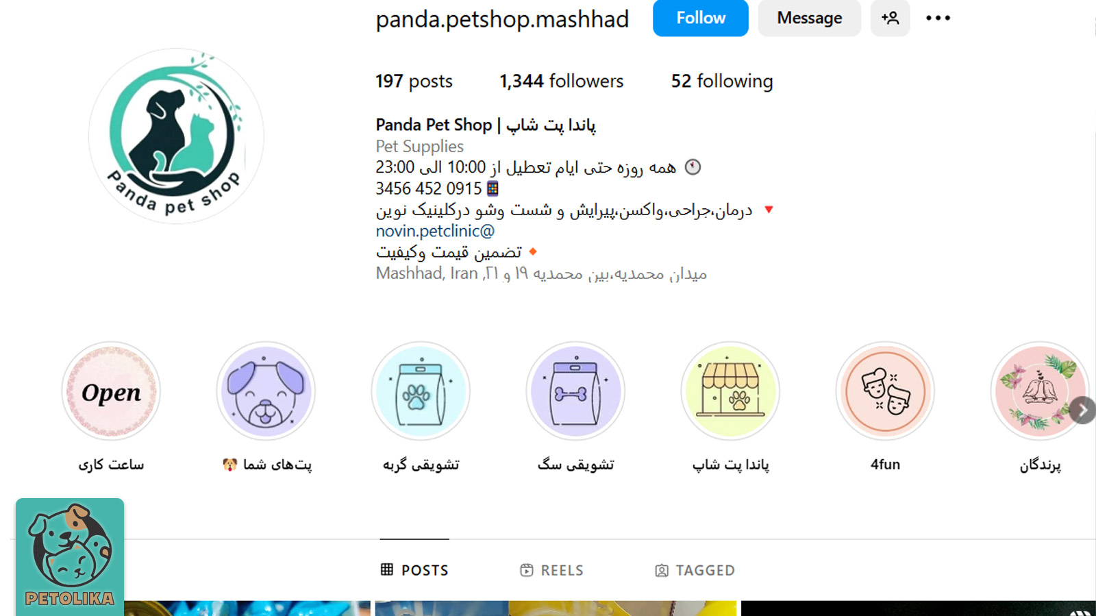 صفحه اینستاگرام پت‌شاپ پاندا