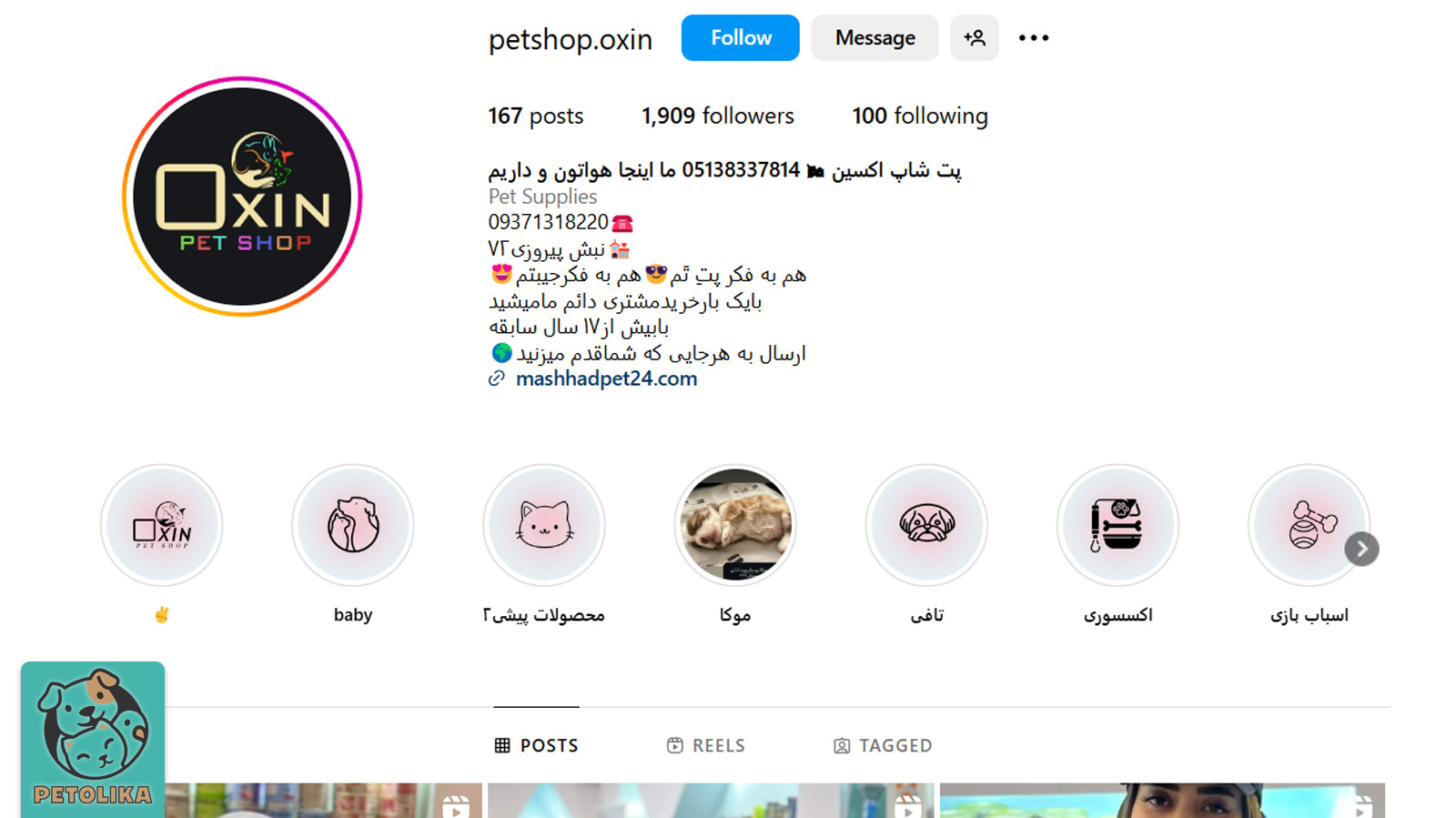صفحه اینستاگرام پت‌شاپ اکسین یکی از انواع پت شاپ در مشهد