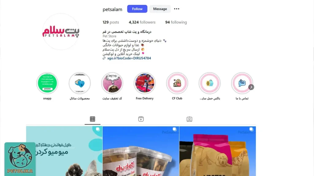 تصویری از صفحه اینستاگرام پت شاپ پت سلام در قم