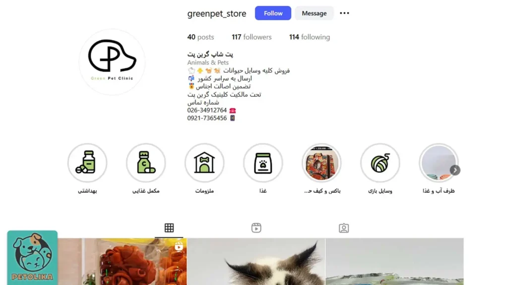 بهترین پت شاپ گرمدره در سال 1404 + آدرس، تلفن، اینستاگرام 8 تصویری از صفحه اینستاگرام پت شاپ گرین پت در گرمدره