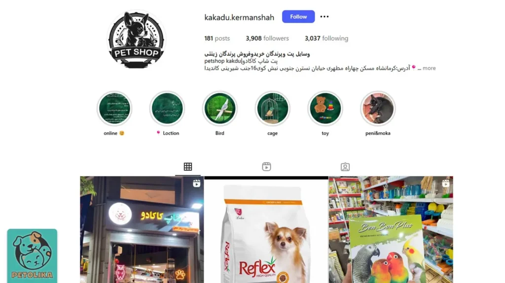تصویری از صفحه اینستاگرام پت شاپ کاکادو