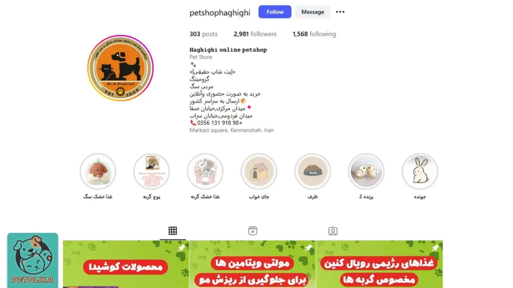 تصویری از صفحه اینستاگرام پت شاپ حقیقی در کرمانشاه
