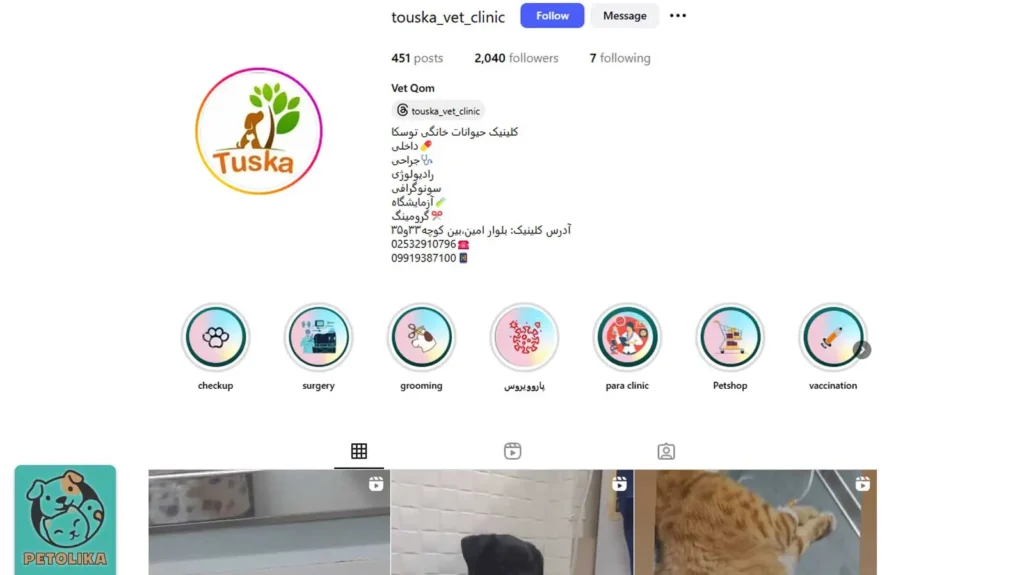 تصویری از صفحه اینستاگرام پت شاپ توسکا